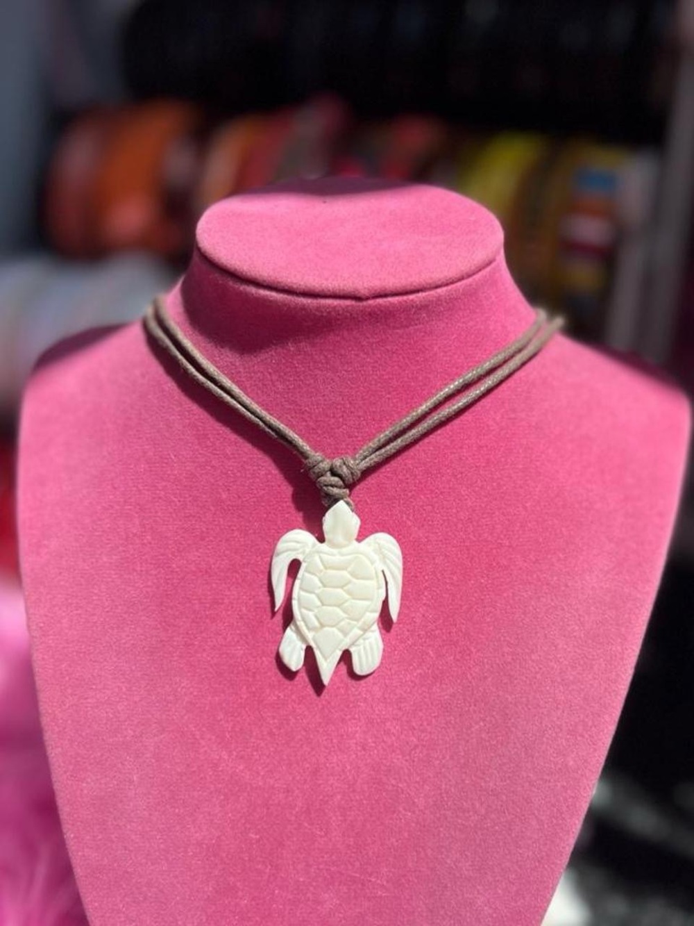 Shell Carved Turtle Pendant Necklace in White on Brown Cord